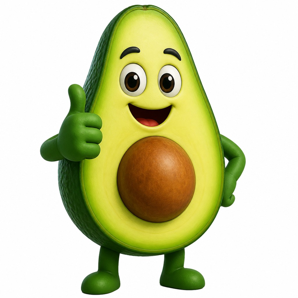 a happy avocado character giving a thumbs up, bold readable design on a plain background, no text