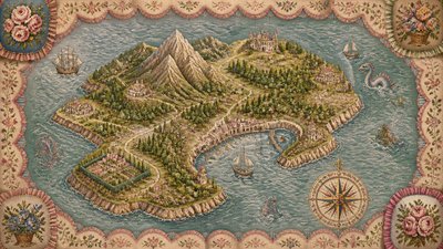 a map of an island realm with mountains, forests, a sheltered bay, sea monsters in the water and a compass rose, no text labels