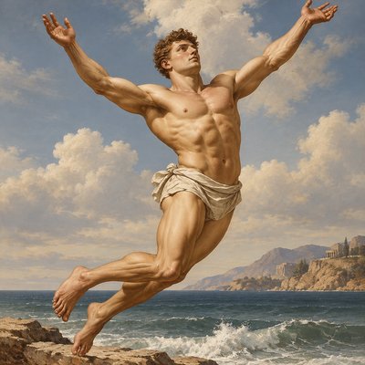 a painting of a man leaping into the air