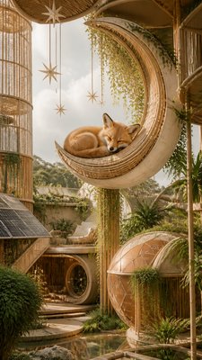 a sleeping baby fox curled on a crescent moon among soft stars, gentle and warm, no text