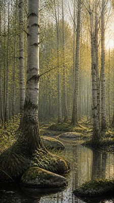 a serene birch forest in soft morning light, no people, no text