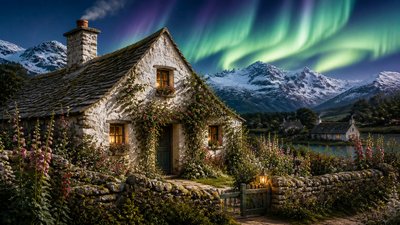 a flowing aurora over snowy peaks, wide sweeping composition, no people, no text