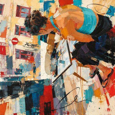 a painting of a person riding a bike