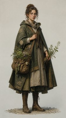full-body original character: a wandering botanist with a satchel of plants, a patched green cloak, tall boots and round glasses, neutral background