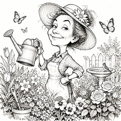 a garden scene with butterflies, flowers and a watering can, clean uncolored line art, no text