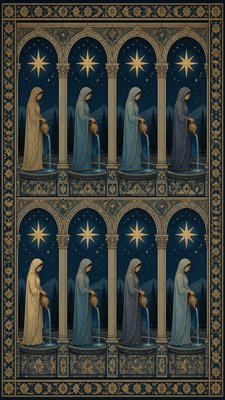 a robed figure pouring water beneath a large eight-pointed star in a night sky, symmetrical composition with an ornate decorative border, no text