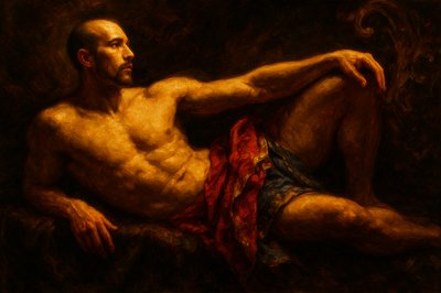 a painting of a man with no shirt on