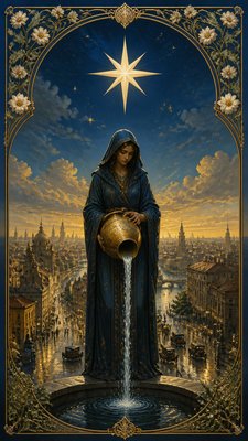 a robed figure pouring water beneath a large eight-pointed star in a night sky, symmetrical composition with an ornate decorative border, no text