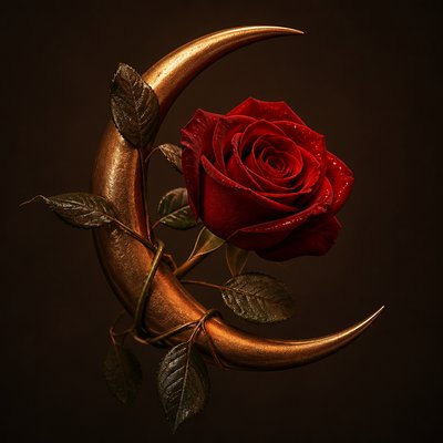 a rose entwined with a crescent moon, clean balanced composition on a plain background, no text