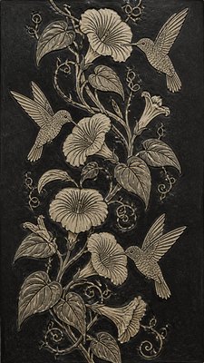 a climbing vine of flowers and hummingbirds on a dark background, tall wrapping composition, no text