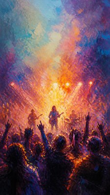 a live music scene with a glowing stage and silhouetted crowd, energetic vertical composition with open space at the top, no text