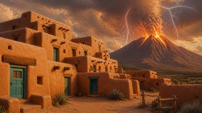 an erupting volcano with lightning strikes, dramatic wide composition, no text
