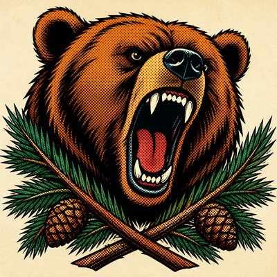a roaring bear head above crossed pine branches, bold graphic composition on a plain background, no text