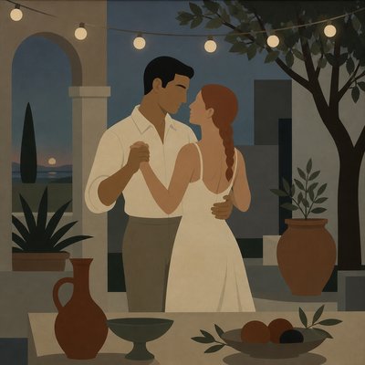 an original couple dancing under string lights in a garden at dusk: a man with short black hair in a linen shirt and a woman with braided red hair in a summer dress