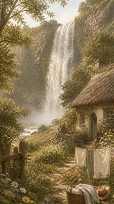 towering waterfall cascading down a cliff