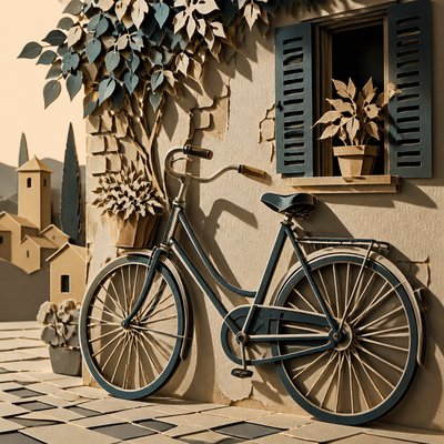 bicyle resting against a wall — Paper Cut Art Style