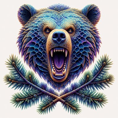 a roaring bear head above crossed pine branches, bold graphic composition on a plain background, no text