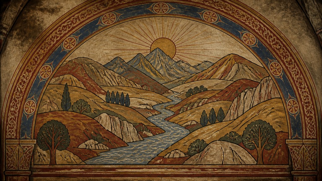 a vast valley with a river winding toward distant mountains at sunrise, no people, no text