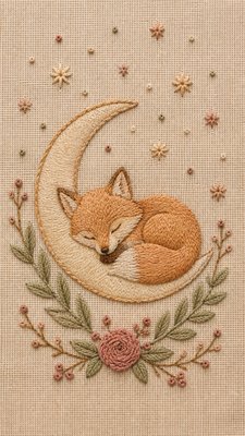 a sleeping baby fox curled on a crescent moon among soft stars, gentle and warm, no text