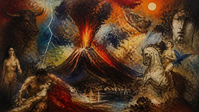 an erupting volcano with lightning strikes, dramatic wide composition, no text