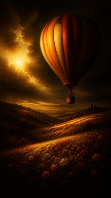 a hot air balloon drifting over rolling flower fields on a sunny day, cheerful, no text