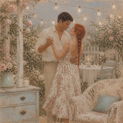 an original couple dancing under string lights in a garden at dusk: a man with short black hair in a linen shirt and a woman with braided red hair in a summer dress