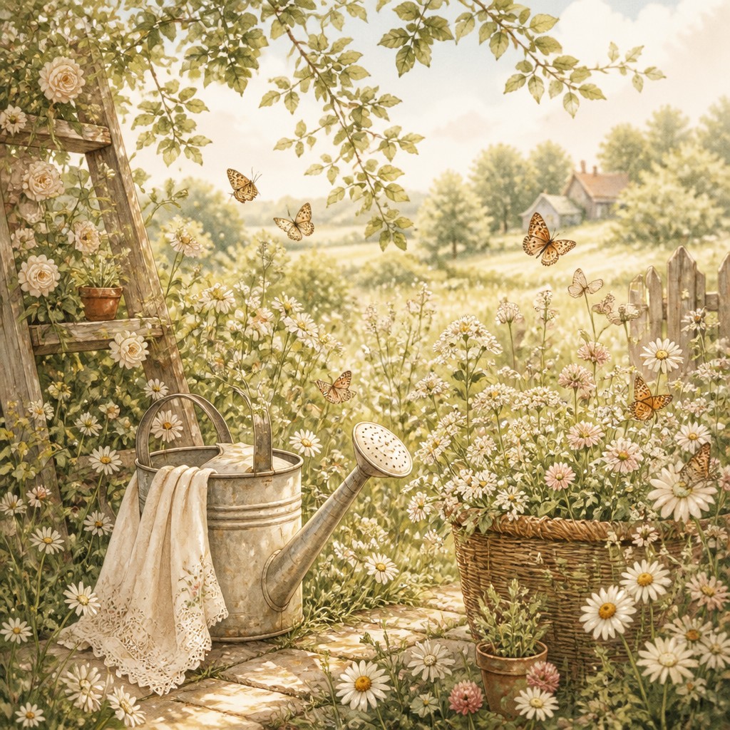 a garden scene with butterflies, flowers and a watering can, clean uncolored line art, no text