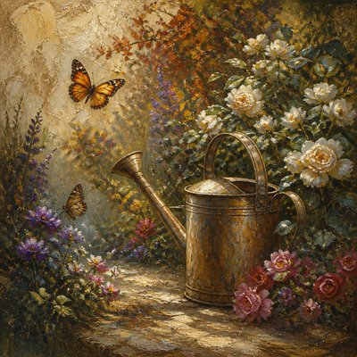 a garden scene with butterflies, flowers and a watering can, clean uncolored line art, no text