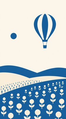 a hot air balloon drifting over rolling flower fields on a sunny day, cheerful, no text