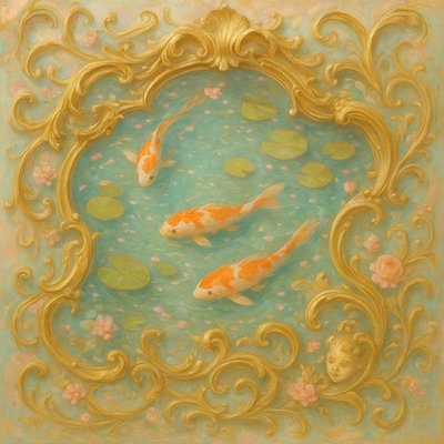 A koi pond seen from above, orange and white koi fish swimming among lily pads, clear water with subtle ripples, fallen cherry blossom petals floating on the surface, dappled sunlight