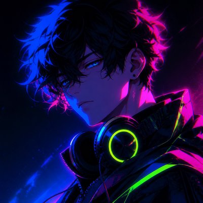 head-and-shoulders portrait of an original character: a young man with curly dark hair and headphones around his neck, plain backdrop, no text