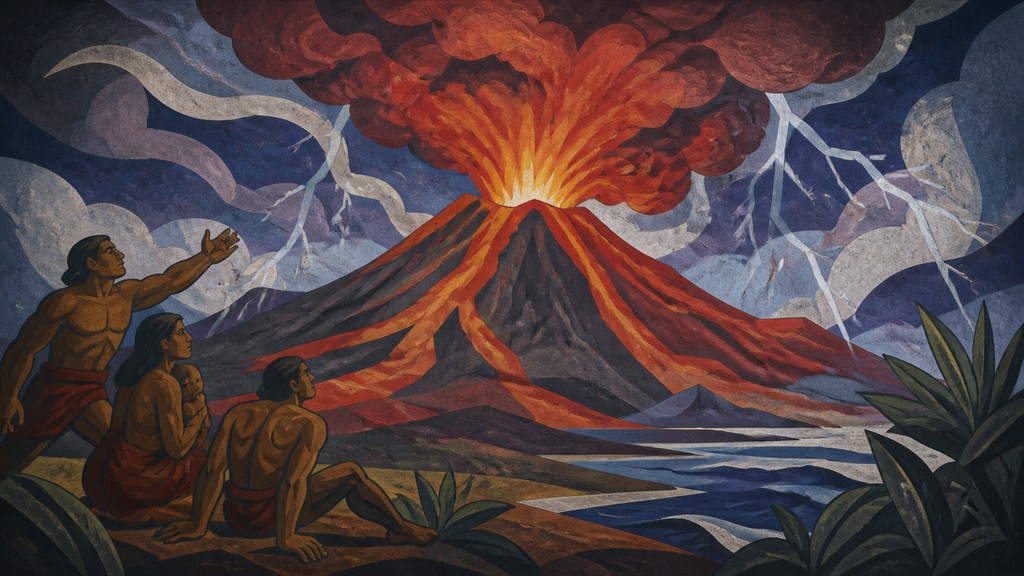 an erupting volcano with lightning strikes, dramatic wide composition, no text