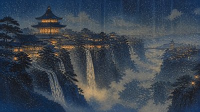 a cliffside city with waterfalls cascading into a misty canyon, wide establishing shot, no people, no text