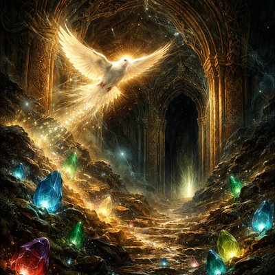  He (God) setteth an end to darkness, and searcheth out all perfection: the stones of darkness, and the shadow of death. From Job 28:3 using a Spiritual figure as a dove to represent the one searching. There are many glowing stones in the darkness and a door representing the shadows of death. 