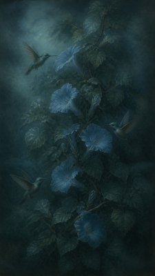 a climbing vine of flowers and hummingbirds on a dark background, tall wrapping composition, no text