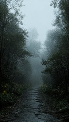 a mysterious forest path with fireflies and drifting mist, atmospheric vertical composition with open space at the top, no text