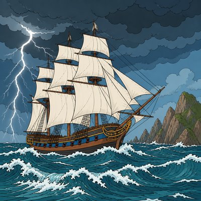 a three-masted wooden sailing ship with white sails on a stormy sea, no crew visible on deck