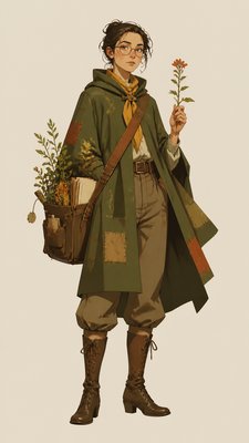 full-body original character: a wandering botanist with a satchel of plants, a patched green cloak, tall boots and round glasses, neutral background