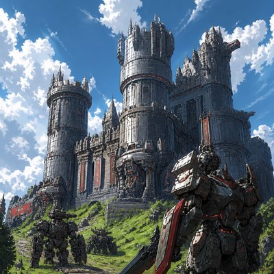 a stone castle with round towers on a green hilltop under scattered clouds, no people