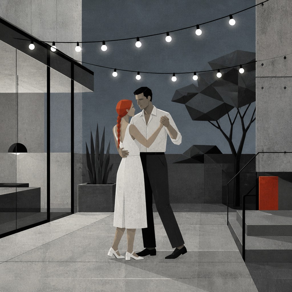 an original couple dancing under string lights in a garden at dusk: a man with short black hair in a linen shirt and a woman with braided red hair in a summer dress