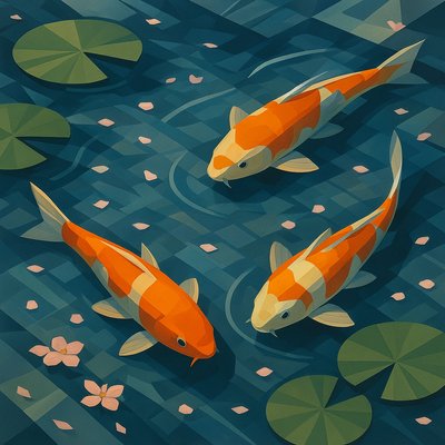 A koi pond seen from above, orange and white koi fish swimming among lily pads, clear water with subtle ripples, fallen cherry blossom petals floating on the surface, dappled sunlight
