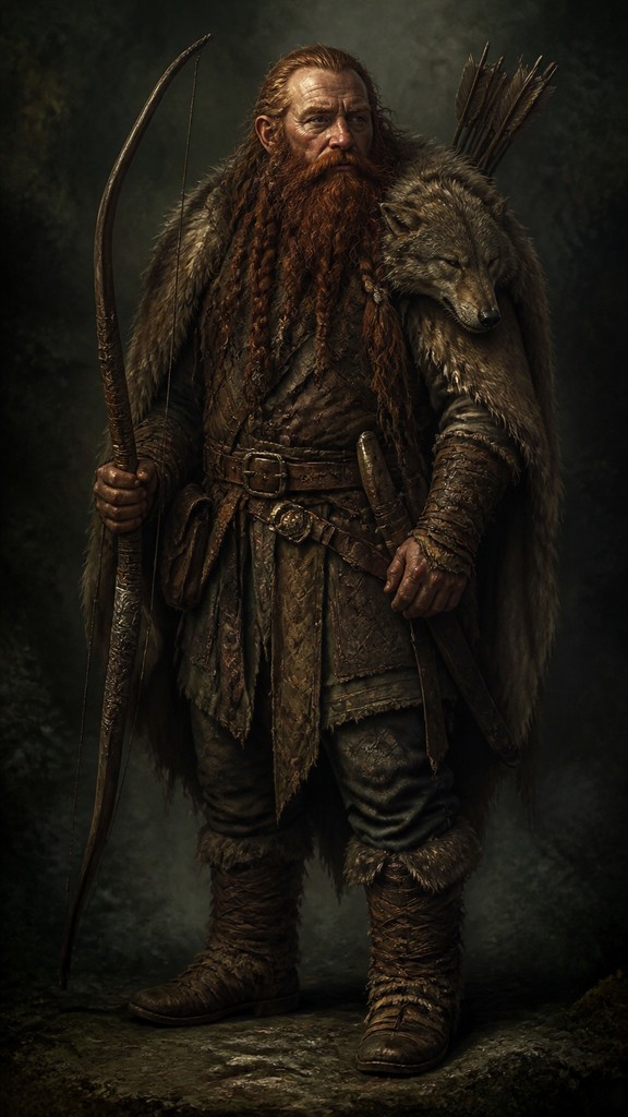 full-body original character: a dwarven ranger with a braided auburn beard, worn leather armor, a longbow and a wolf-pelt cloak, neutral background, no text