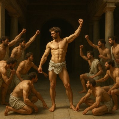 a painting of a man standing in front of a group of men