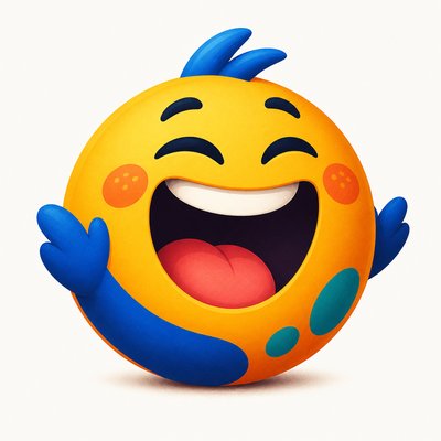an exaggerated laughing face of an original round mascot character, bold and readable at small size, plain background, no text