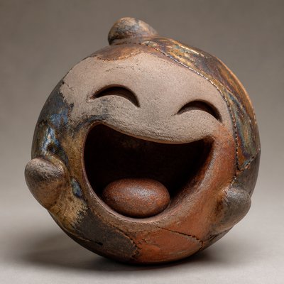 an exaggerated laughing face of an original round mascot character, bold and readable at small size, plain background, no text