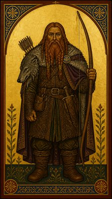 full-body original character: a dwarven ranger with a braided auburn beard, worn leather armor, a longbow and a wolf-pelt cloak, neutral background, no text