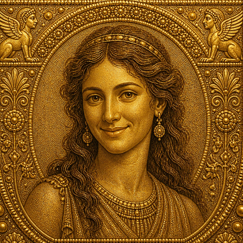 head-and-shoulders portrait of an original character: a young woman with wavy chestnut hair and a warm smile, plain soft backdrop