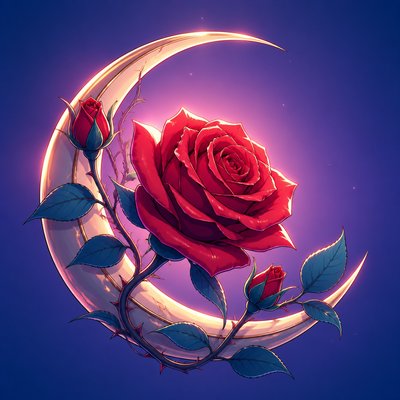 a rose entwined with a crescent moon, clean balanced composition on a plain background, no text