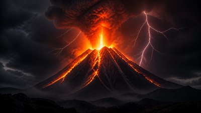 an erupting volcano with lightning strikes, dramatic wide composition, no text