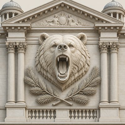 a roaring bear head above crossed pine branches, bold graphic composition on a plain background, no text